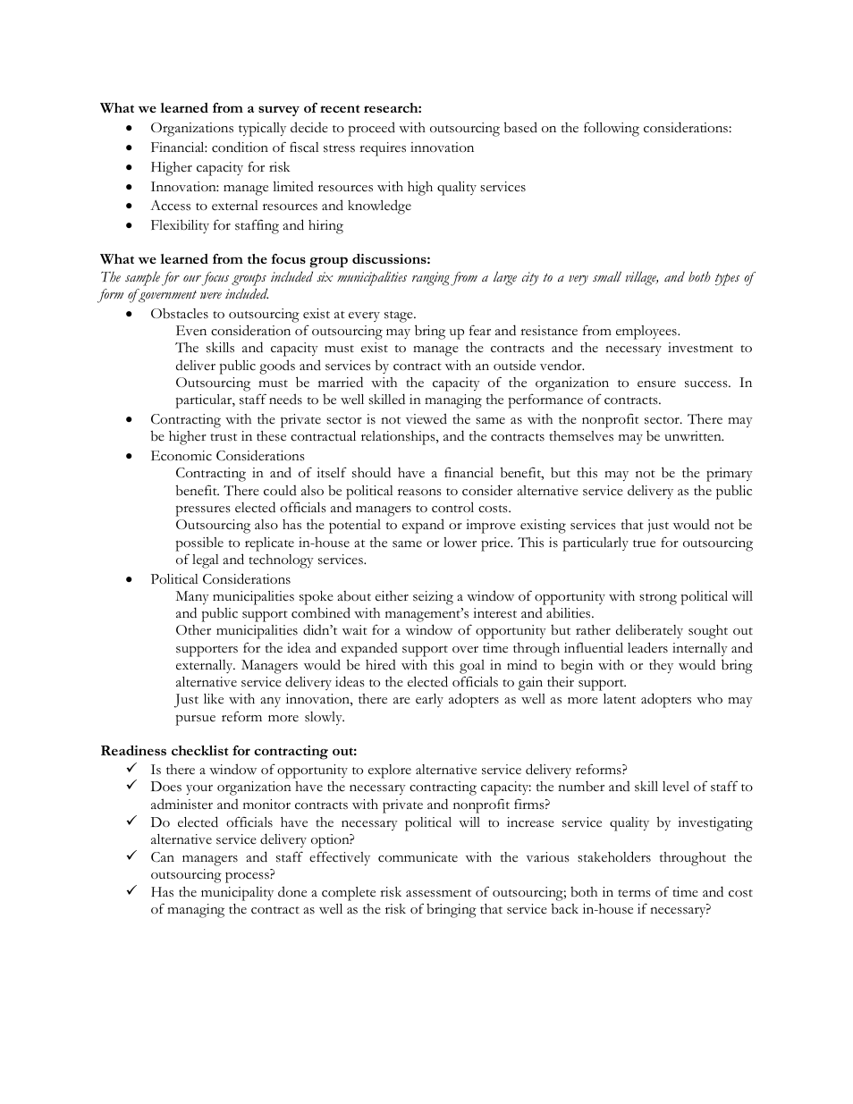 What we learned from a survey of recent research, What we learned from the focus group discussions, Readiness checklist for contracting out | HR Green ASD for Local Governments Handbook - Executive Summary User Manual | Page 7 / 15