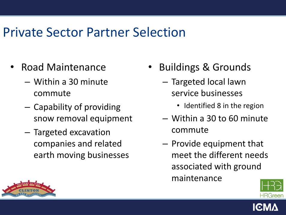 Private sector partner selection, Road maintenance, Buildings & grounds | HR Green Real World Applications for Alternative Service Delivery User Manual | Page 18 / 28