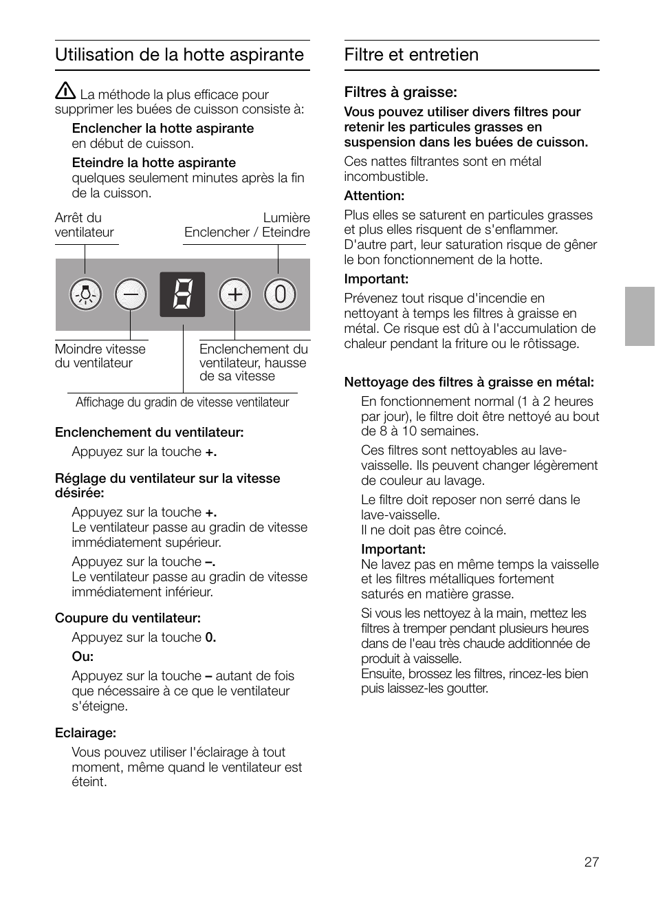 Utilisation de la hotte aspirante, Filtre et entretien | Siemens LC 46492 User Manual | Page 27 / 80