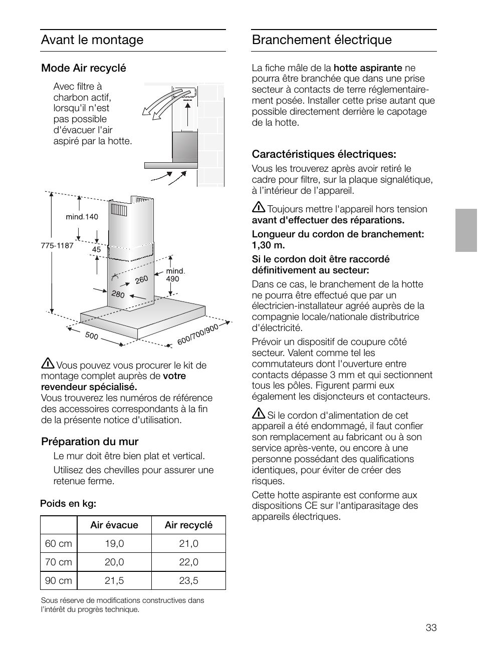 Branchement électrique, Avant le montage | Siemens LC 46492 User Manual | Page 33 / 80