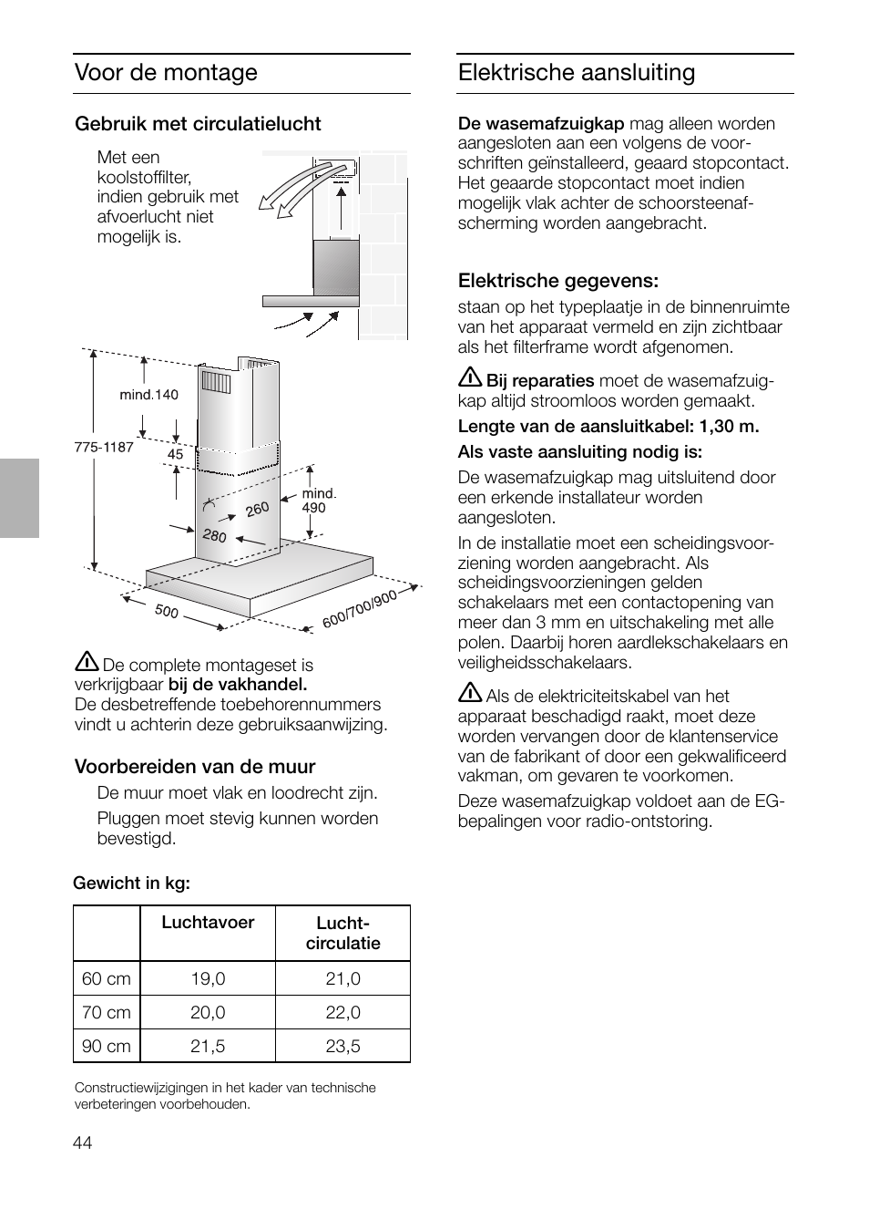 Elektrische aansluiting, Voor de montage | Siemens LC 46492 User Manual | Page 44 / 80