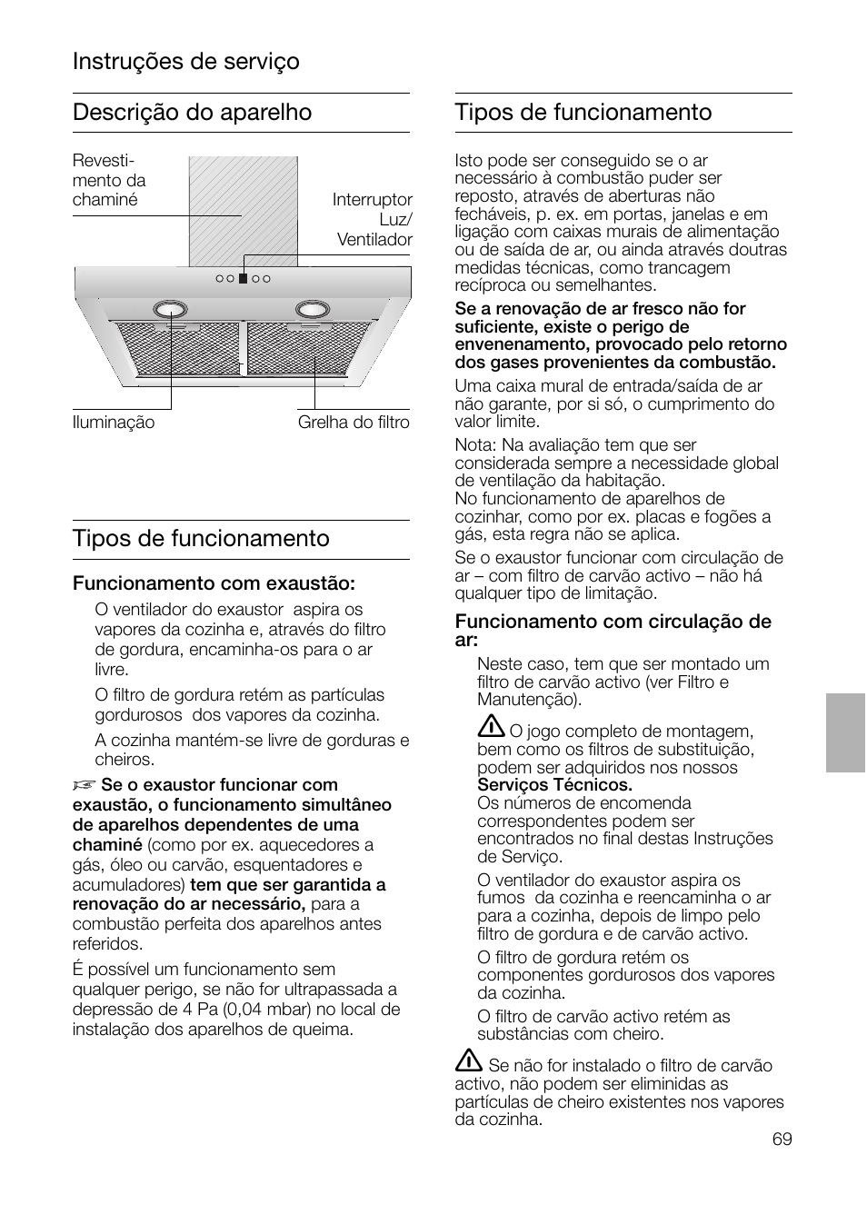 Descrição do aparelho tipos de funcionamento, Instruções de serviço tipos de funcionamento | Siemens LC 46492 User Manual | Page 69 / 80