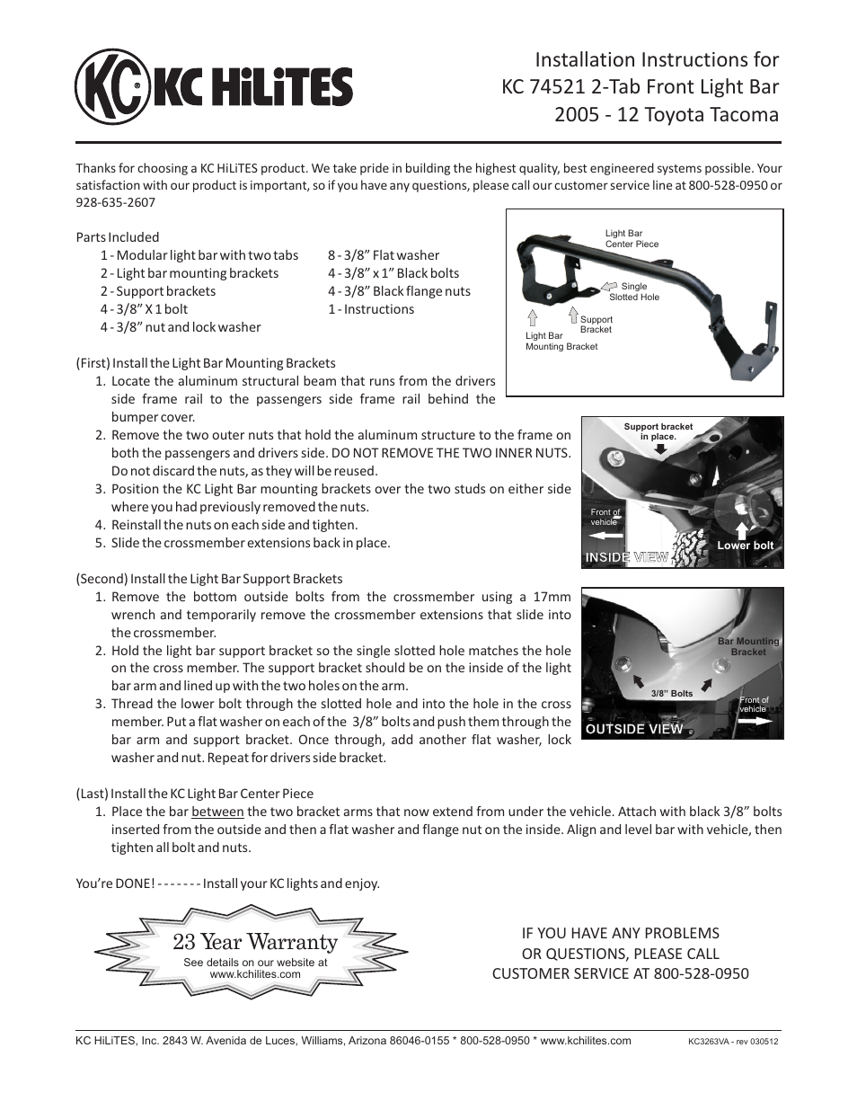 KC HiLiTES KC #74521 2-Tab Front Light Bar 2005 - 12 Toyota Tacoma Installation User Manual | 1 page