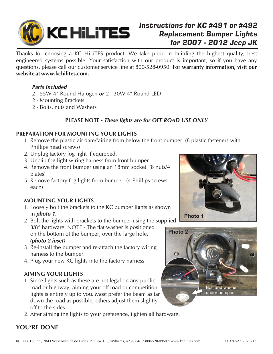 KC HiLiTES KC #492 Replacement Bumper Lights for 2007 - 2012 Jeep JK Instructions User Manual | 1 page
