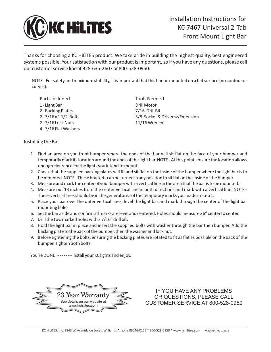 KC HiLiTES KC #7467 Universal 2-Tab Front Mount Light Bar Installation User Manual | 1 page