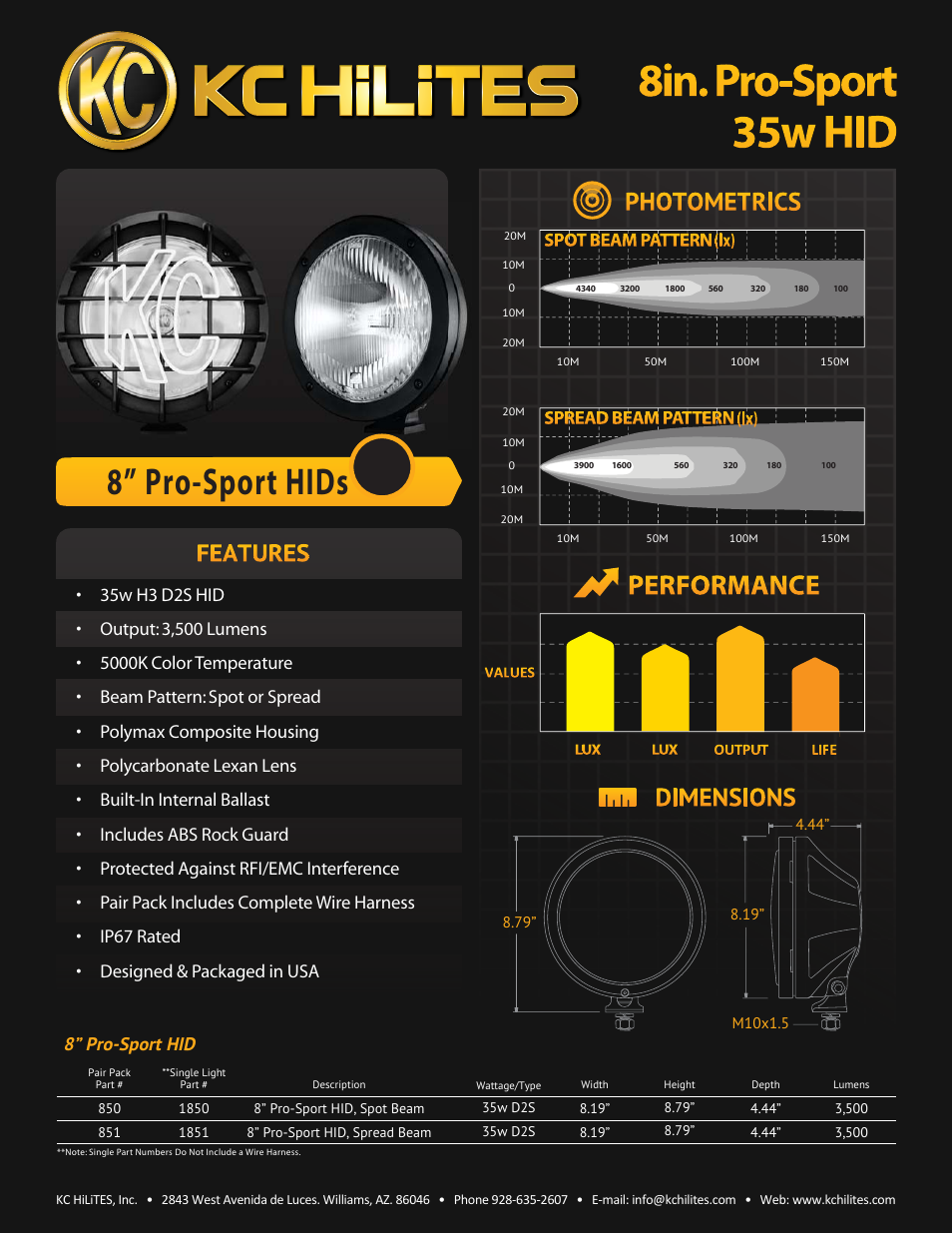 KC HiLiTES Pro-Sport HIDs 8” Data Sheet User Manual | 1 page