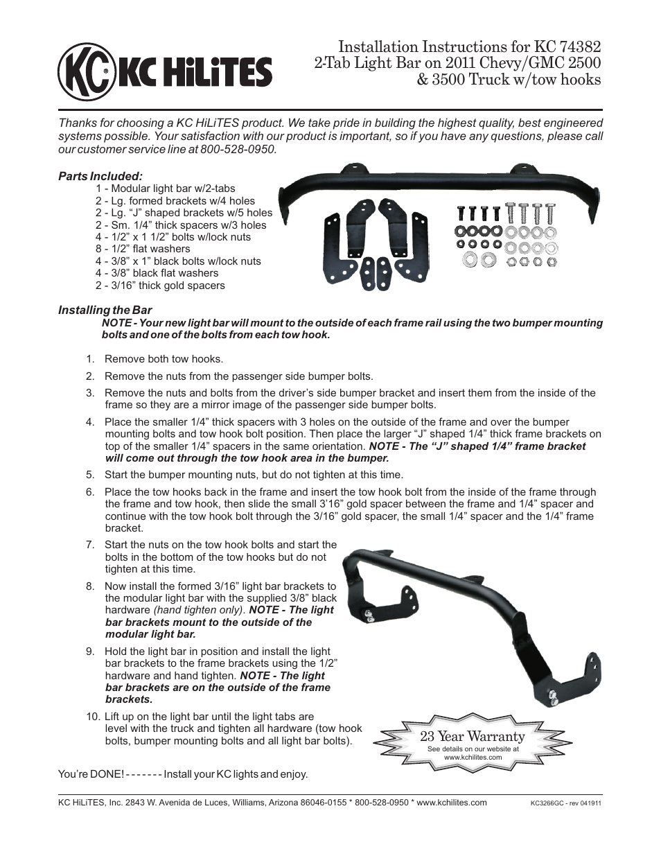 KC HiLiTES KC #74382 2-Tab Light Bar on 2011 Chevy_GMC 2500 Installation User Manual | 1 page