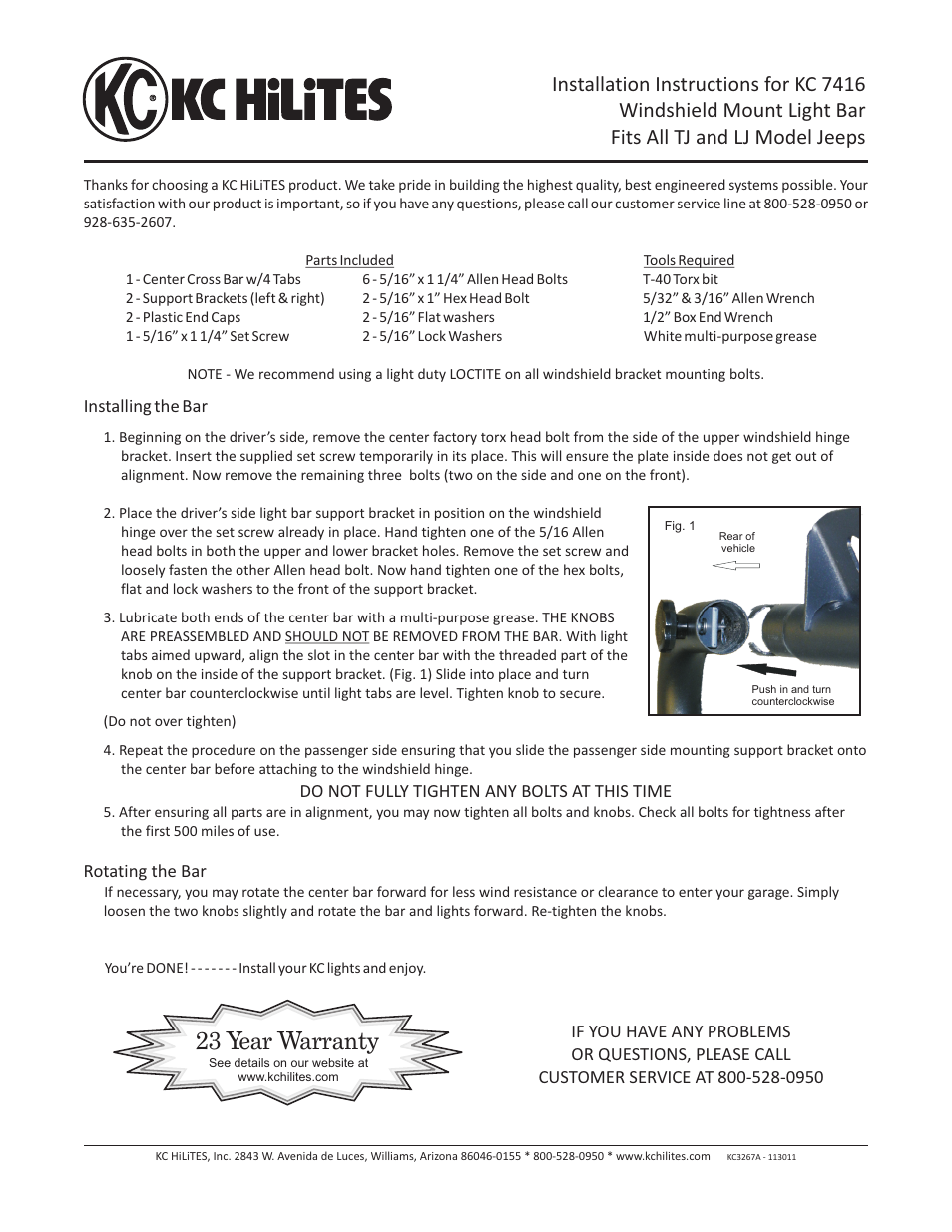 KC HiLiTES KC #7416 Windshield Mount Light Bar Fits All TJ and LJ Model Jeeps Installation User Manual | 1 page