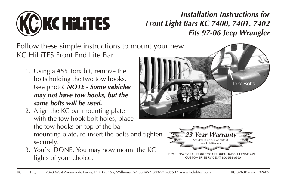 KC HiLiTES KC #7402 Fits 97-06 Jeep Wrangler Installation User Manual | 1 page