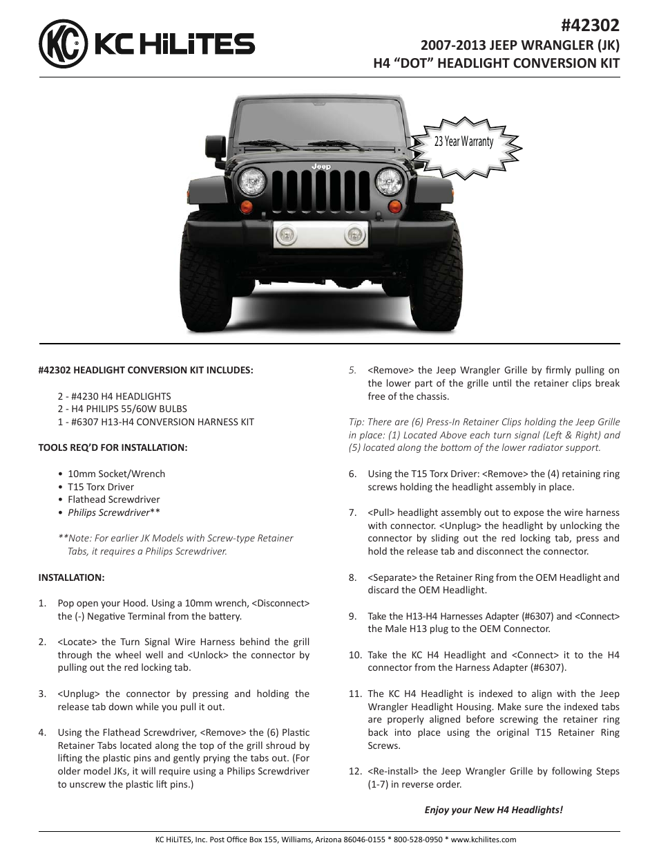 KC HiLiTES KC #42302 2007-2013 JEEP WRANGLER (JK) H4 “DOT” HEADLIGHT CONVERSION KIT Instructions User Manual | 1 page