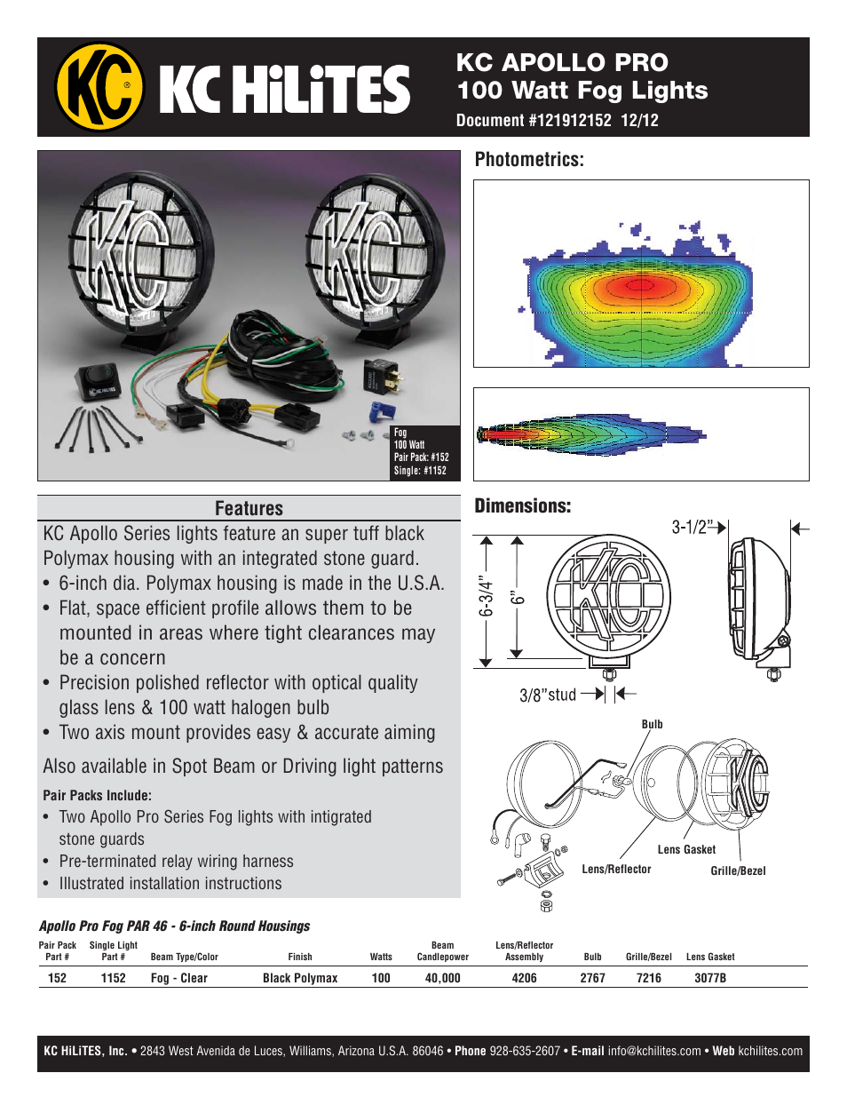KC HiLiTES APOLLO PRO100 Watt Fog Lights Data Sheet User Manual | 1 page