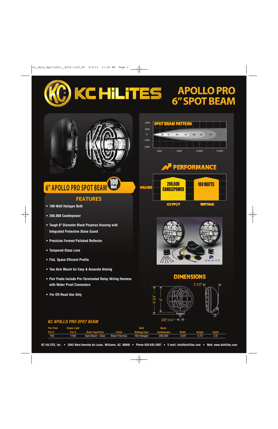 KC HiLiTES APOLLO PRO SPOT BEAM 6" Data Sheet User Manual | 1 page