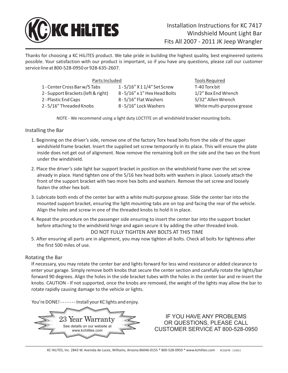 KC HiLiTES KC #7417 Windshield Mount Light Bar Fits All 2007 - 2011 JK Jeep Wrangler Installation User Manual | 1 page