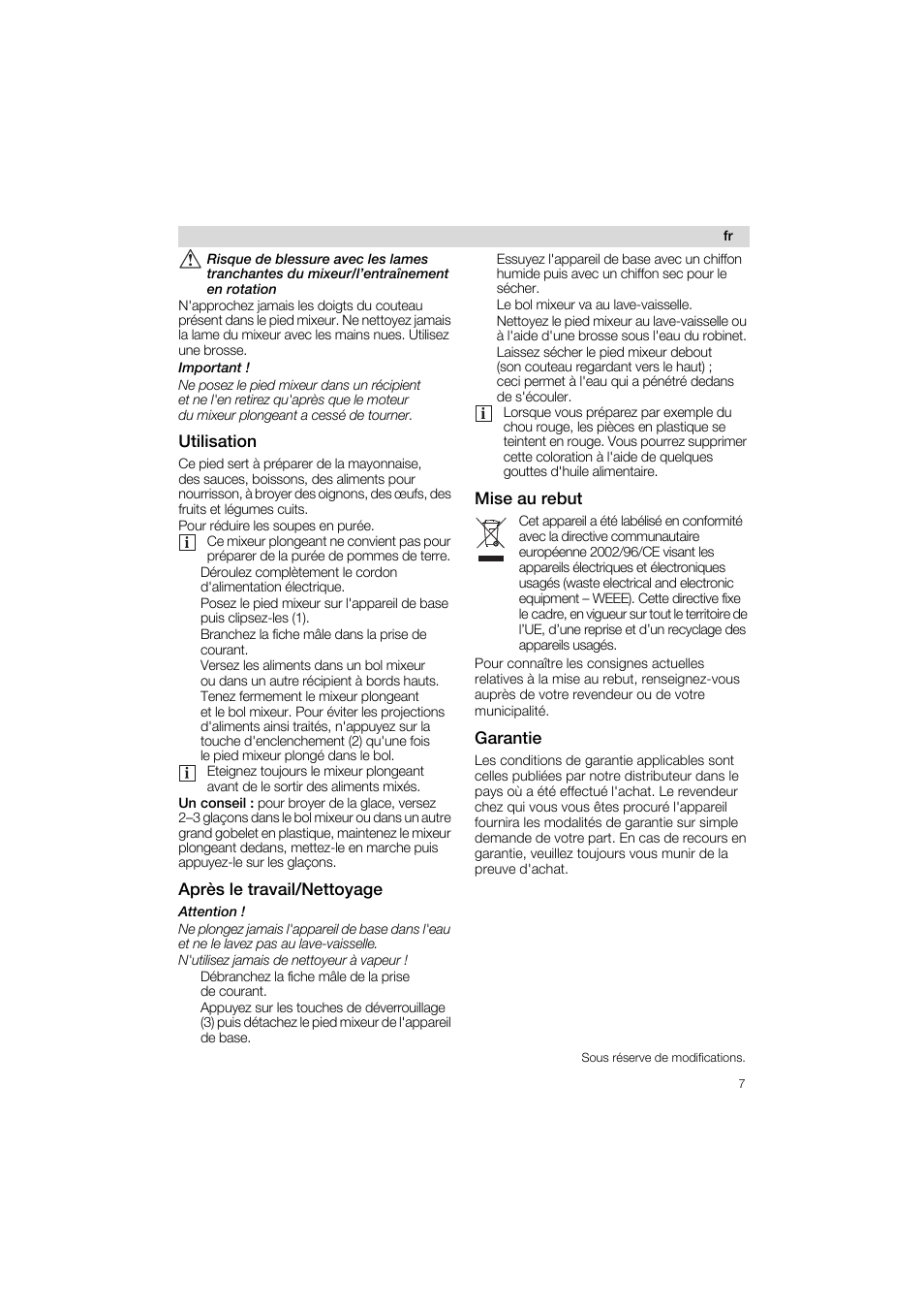 Utilisation, Après le travail/nettoyage, Mise au rebut | Garantie | Siemens MQ 5 N 143 User Manual | Page 7 / 51