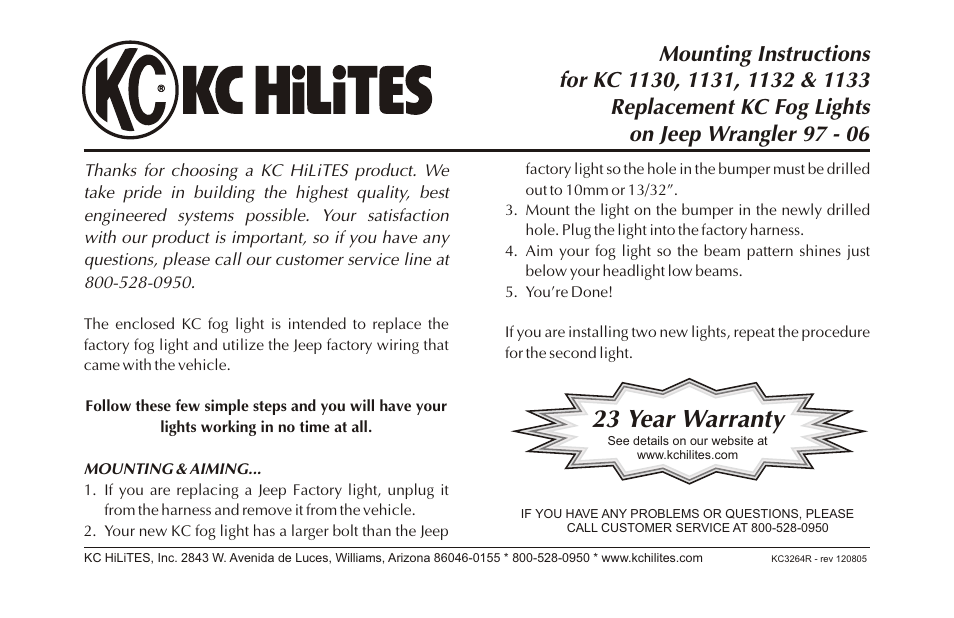 KC HiLiTES KC #1133 Replacement KC Fog Lights on Jeep Wrangler 97 - 06 Instructions User Manual | 1 page
