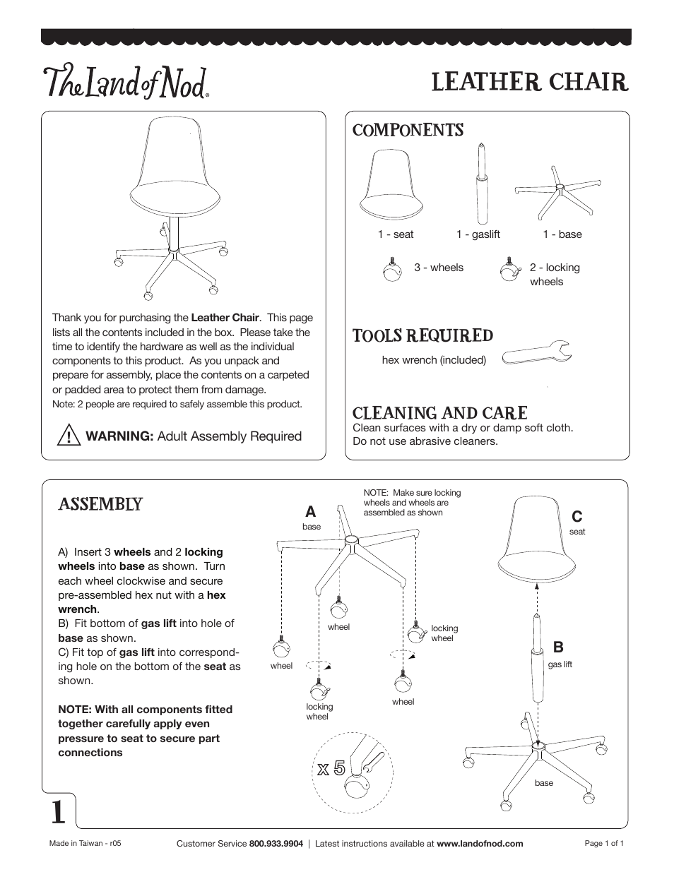 Leather chair, Components tools required cleaning and care, Assembly | Land of Nod Class Act Leather Desk Chair User Manual | Page 2 / 2