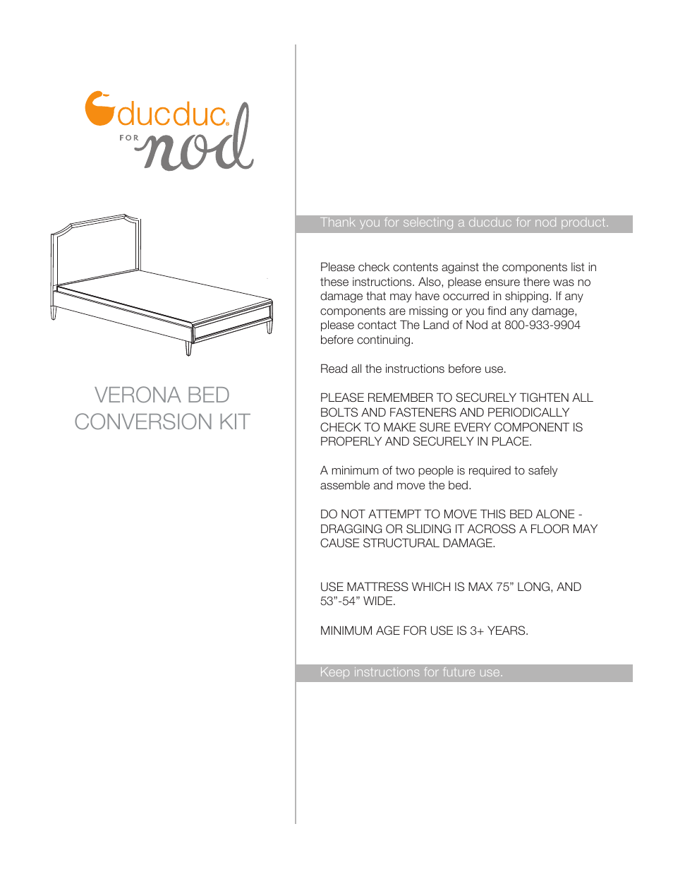 Land of Nod VERONA BED CONVERSION KIT User Manual | 9 pages