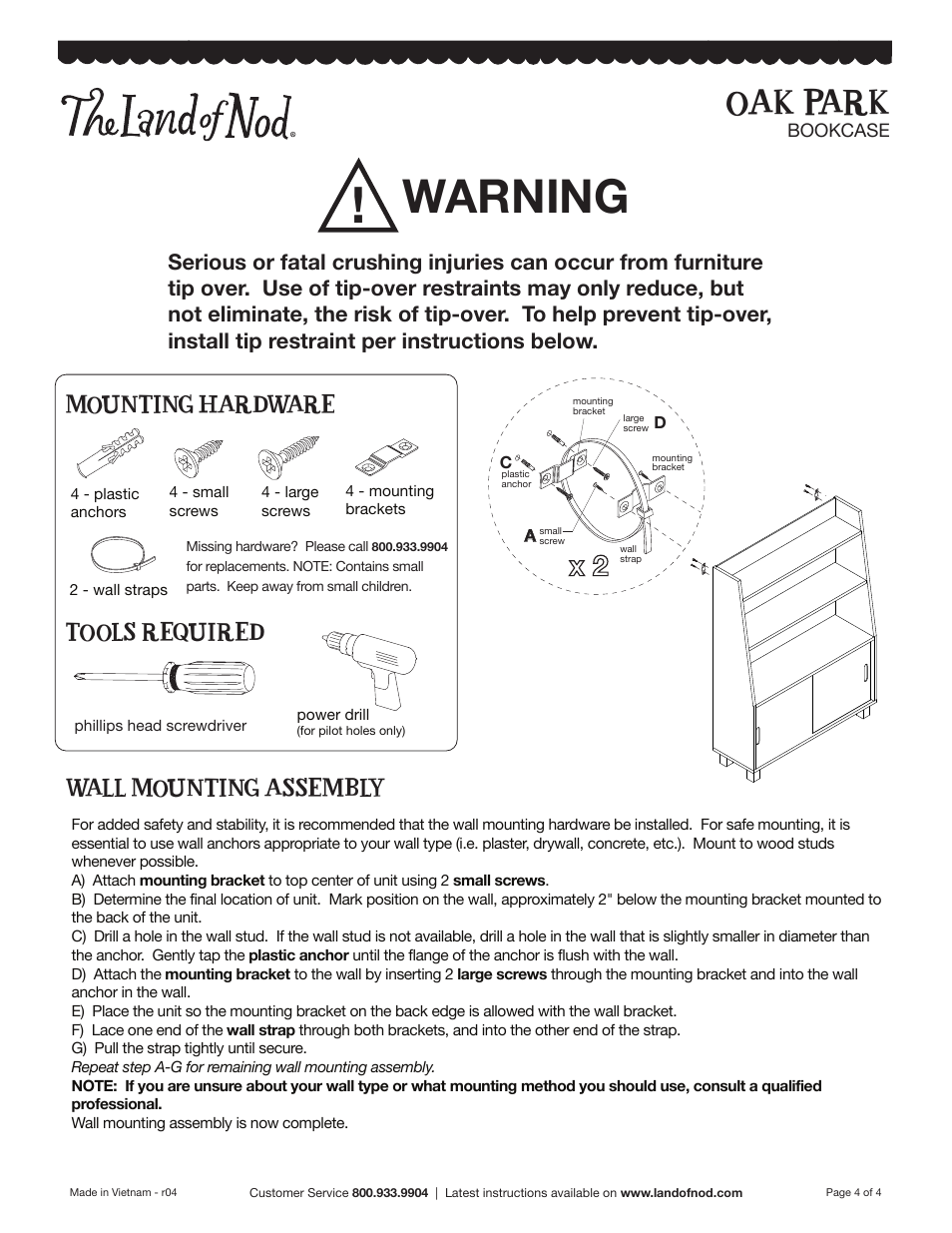 Warning, Oak park, Mounting hardware | Tools required wall mounting assembly | Land of Nod Oak Park Bookcase User Manual | Page 4 / 4