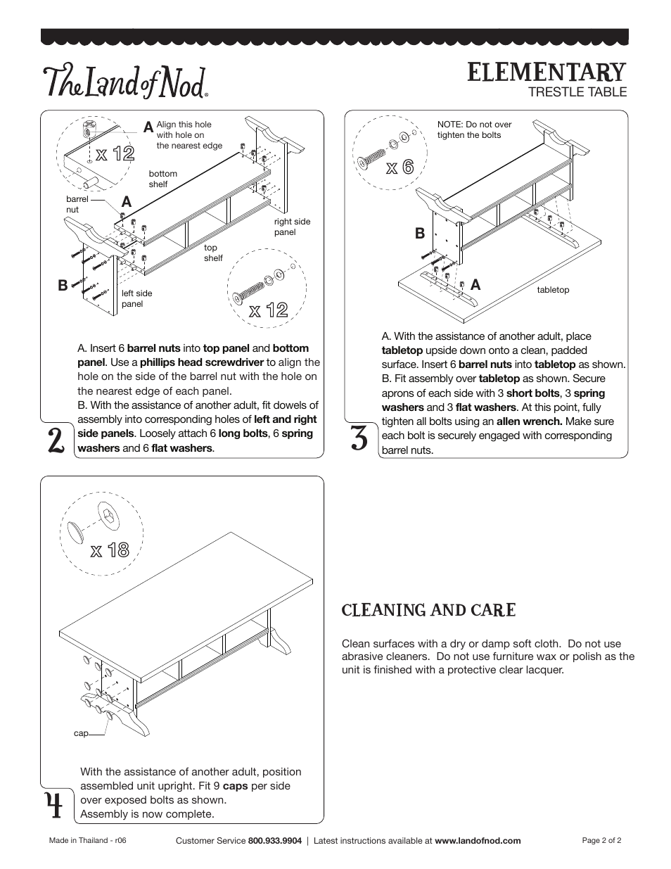 Elementary, Cleaning and care | Land of Nod Elementary Trestle Table User Manual | Page 2 / 2