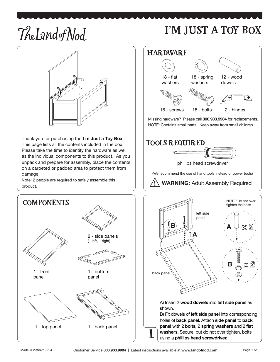 I’m just a toy box, Tools required, Components | Hardware, Ab a b | Land of Nod I’m Just A Toy Box User Manual | Page 2 / 4