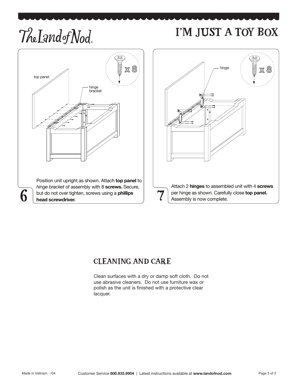 I’m just a toy box, Cleaning and care | Land of Nod I’m Just A Toy Box User Manual | Page 4 / 4