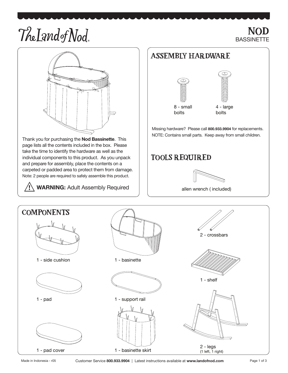 Tools required, Assembly hardware, Components | Land of Nod NOD BASSINET and BEDDING SETS User Manual | Page 2 / 4