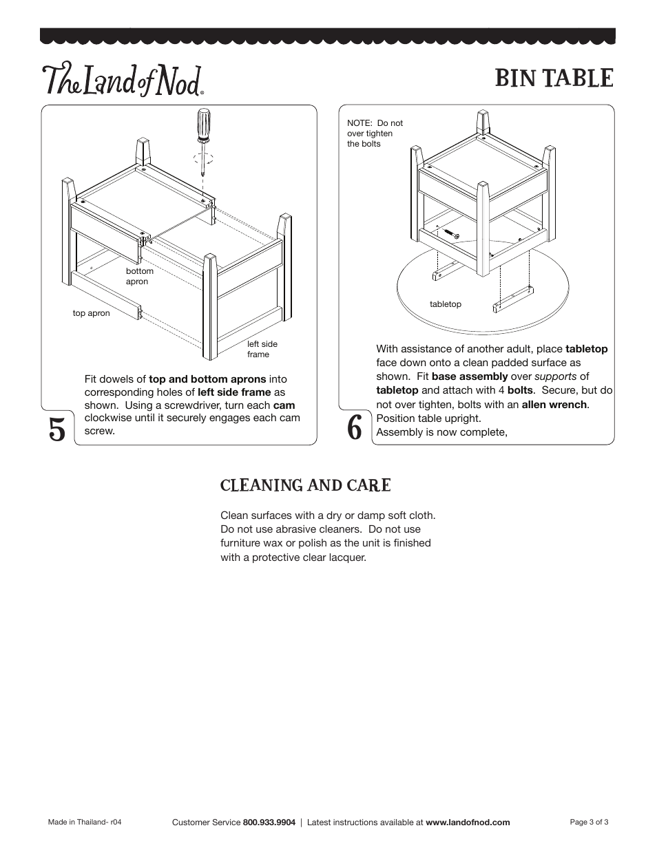 Bin table, Cleaning and care | Land of Nod Bin Table User Manual | Page 3 / 3