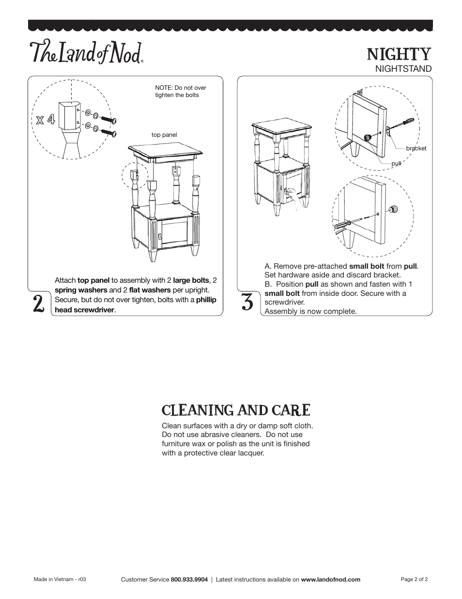 Nighty, Cleaning and care | Land of Nod Nighty Nightstand User Manual | Page 2 / 2