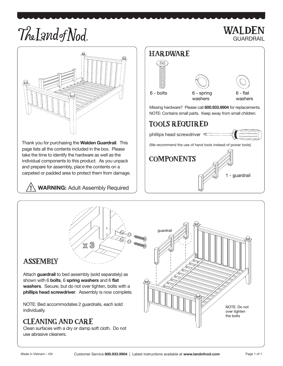 Walden, Hardware components tools required, Assembly | Cleaning and care | Land of Nod Walden Guardrail User Manual | Page 2 / 2