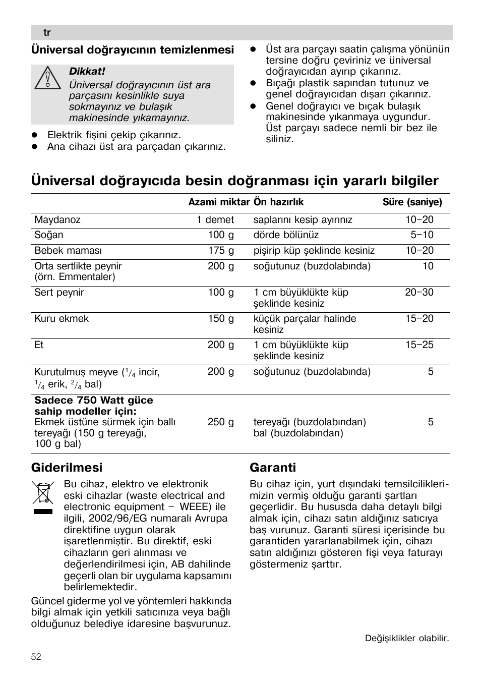 Üniversal do^rayicinin temizlenmesi • dikkat, Giderilmesi garanti | Siemens MQ 5 N 377 User Manual | Page 52 / 81