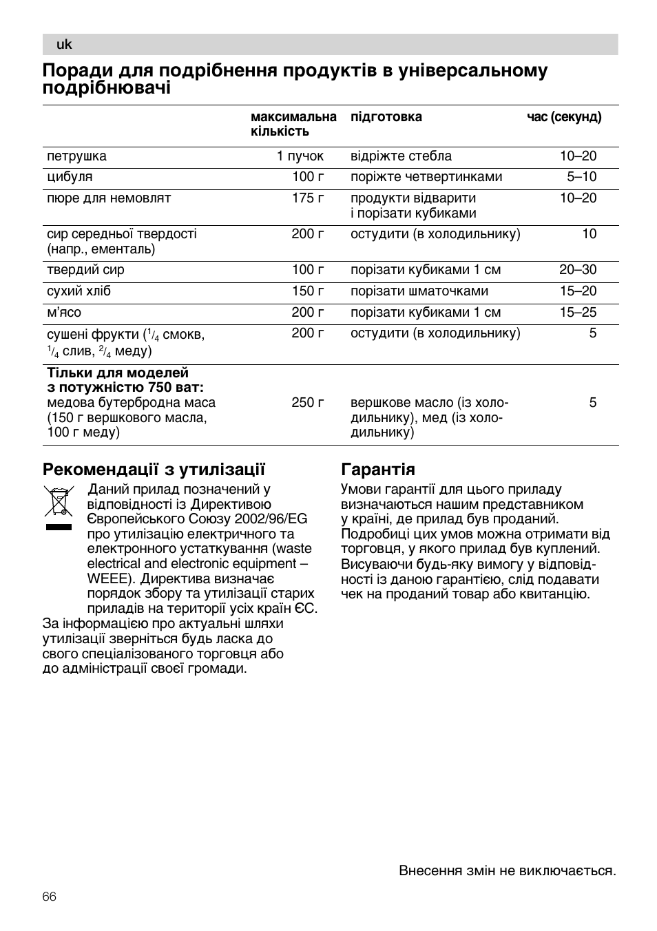 Рекомендац1у з утил1зац1у, Гарант1я, Максимальна к1льк1оть п1дготовка чао (секунд) | Ильки для моделей з потужн1отю 750 ват | Siemens MQ 5 N 377 User Manual | Page 66 / 81