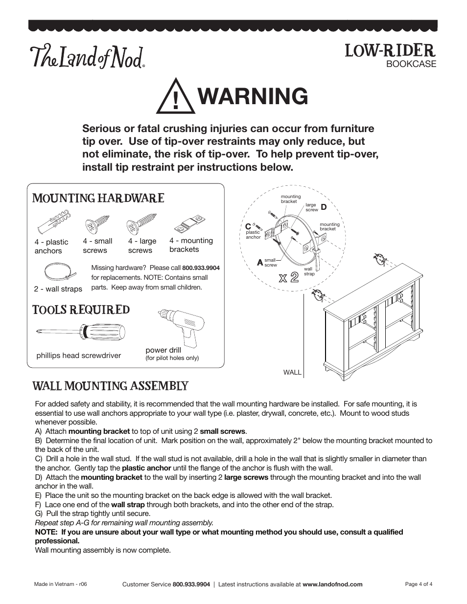 Warning, Low-rider, Mounting hardware | Tools required wall mounting assembly | Land of Nod Low Rider Bookcase User Manual | Page 4 / 4