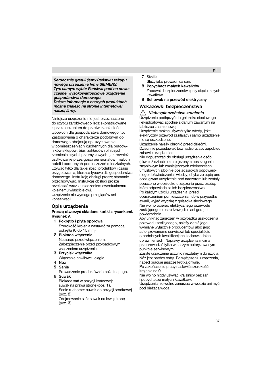 Opis urzqdzenia, Wskazówki bezpieczenstwa | Siemens MS 65539 User Manual | Page 37 / 58