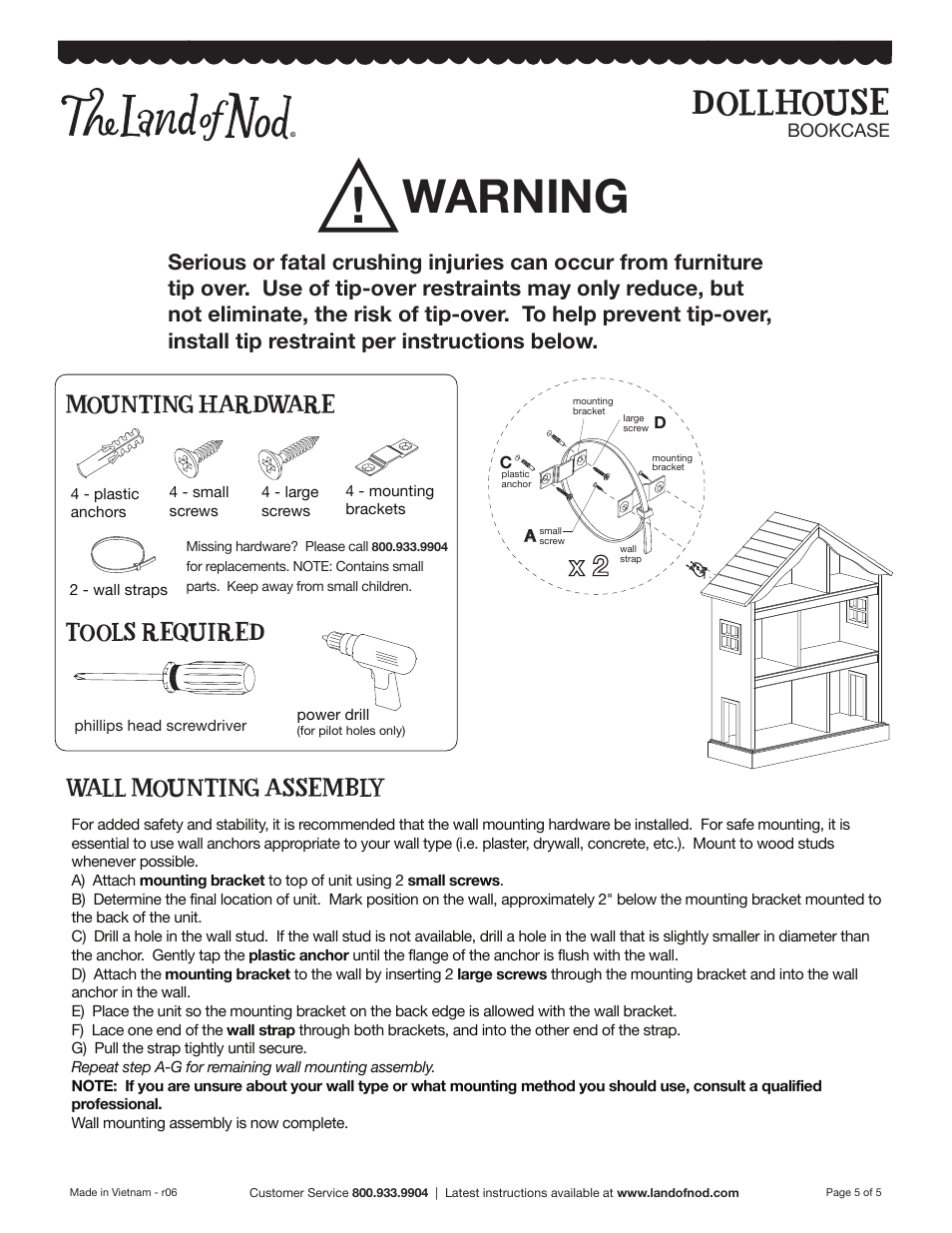 Warning, Dollhouse, Mounting hardware | Tools required wall mounting assembly | Land of Nod Dollhouse Bookcase User Manual | Page 5 / 5