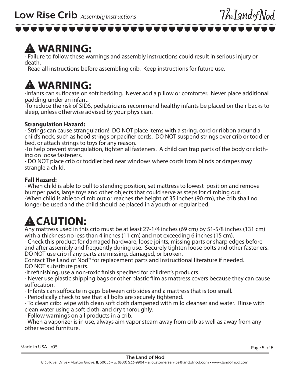 Low rise crib p5, Low rise crib, Warning | Caution | Land of Nod LOW-RISE CRIB User Manual | Page 5 / 6