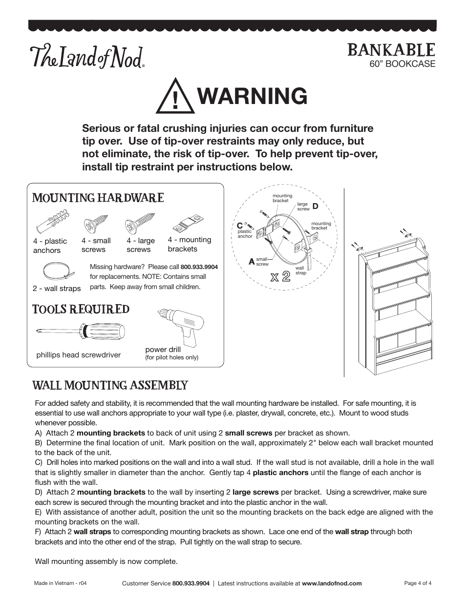 Warning, Bankable | Land of Nod Bankable 60 Inch Bookcase User Manual | Page 4 / 4