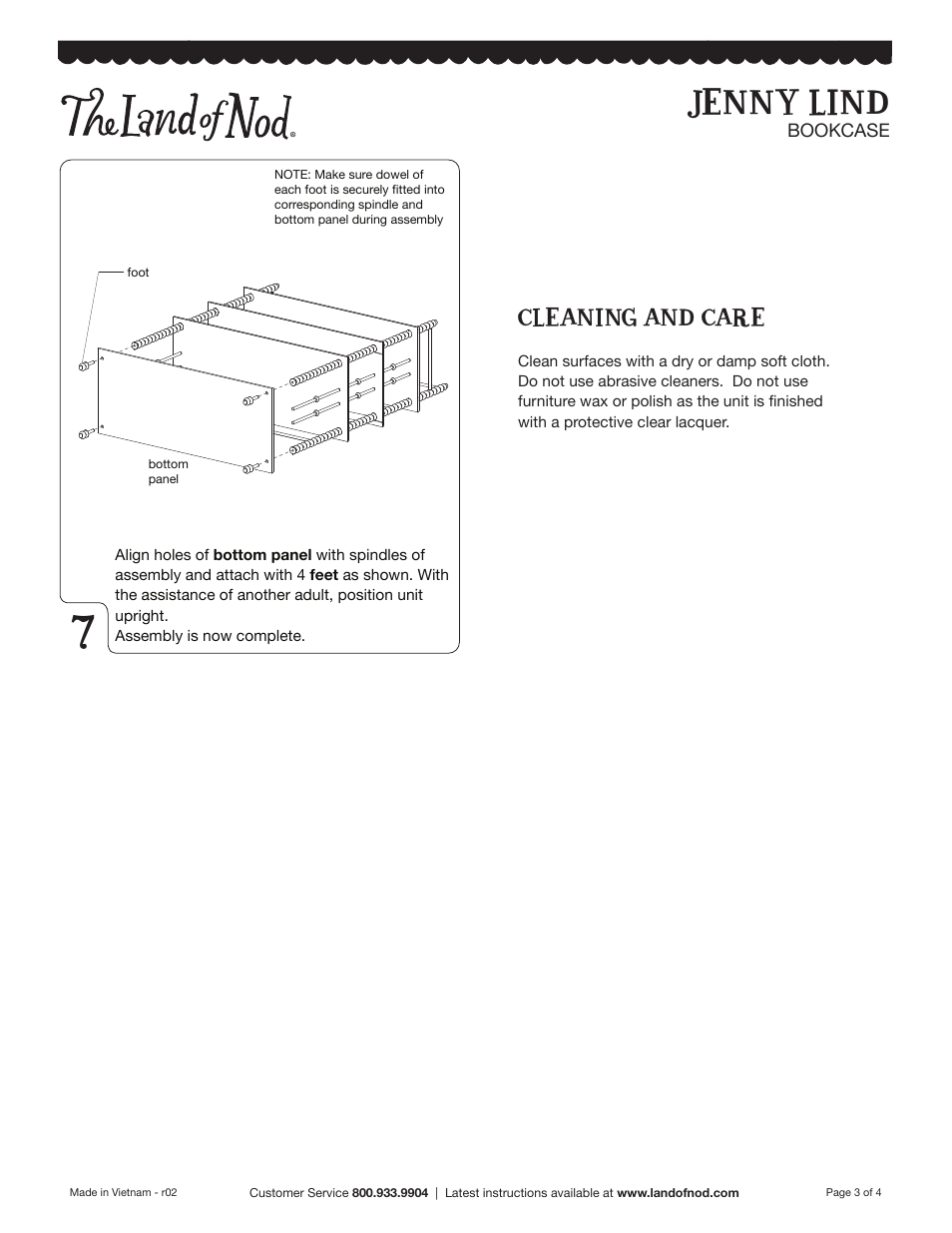 Jenny lind, Cleaning and care | Land of Nod Jenny Lind Bookcase User Manual | Page 3 / 4
