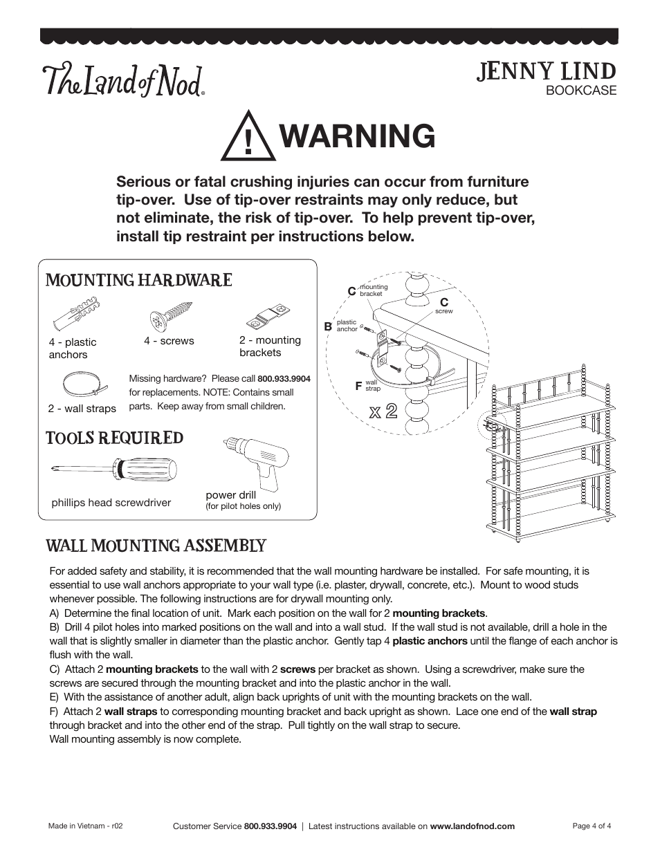 Warning, Jenny lind, Mounting hardware | Tools required wall mounting assembly | Land of Nod Jenny Lind Bookcase User Manual | Page 4 / 4