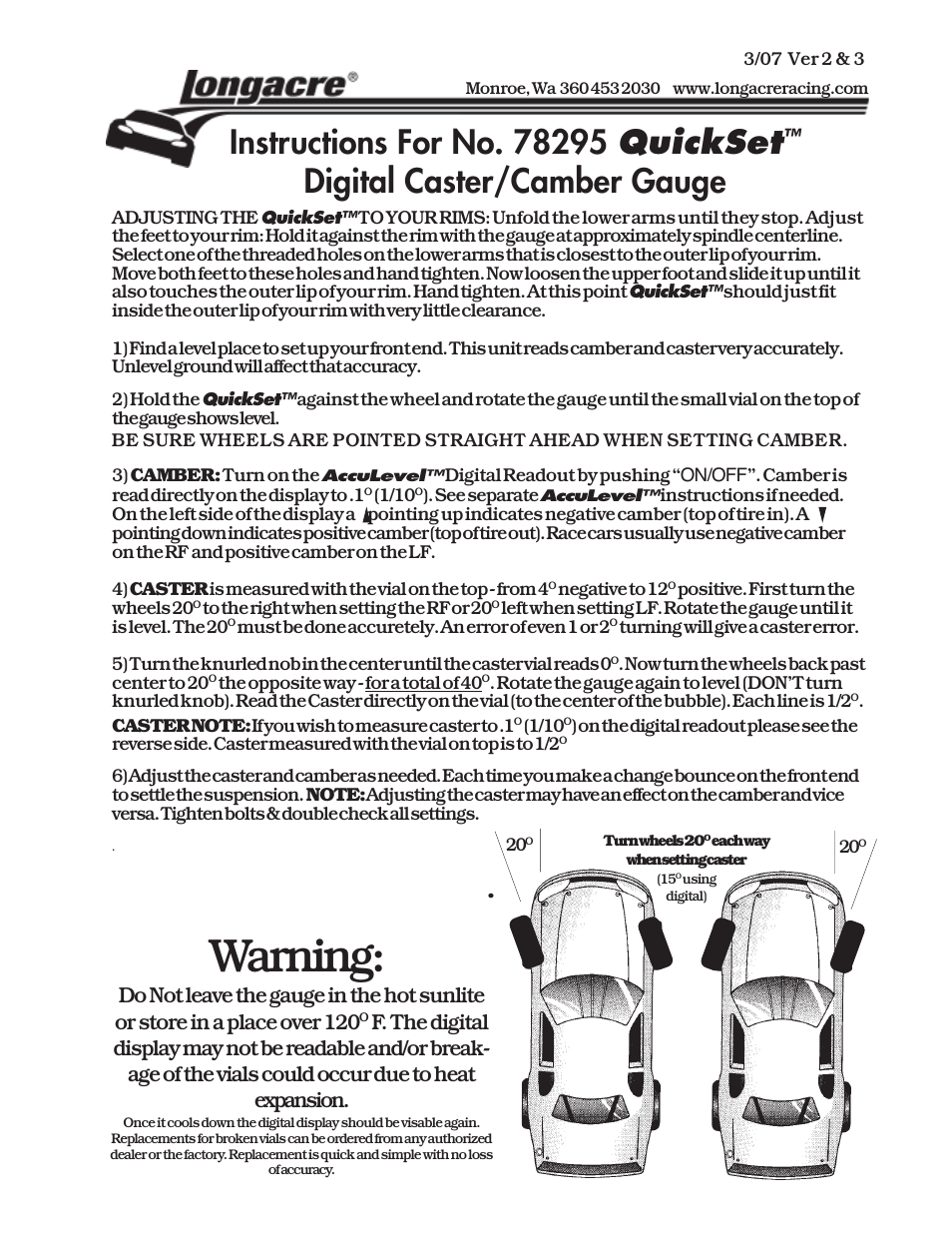 Longacre 78295 Digital Caster_Camber Gauge with AccuLevel (version 3) and QuickSet Adapter User Manual | 1 page