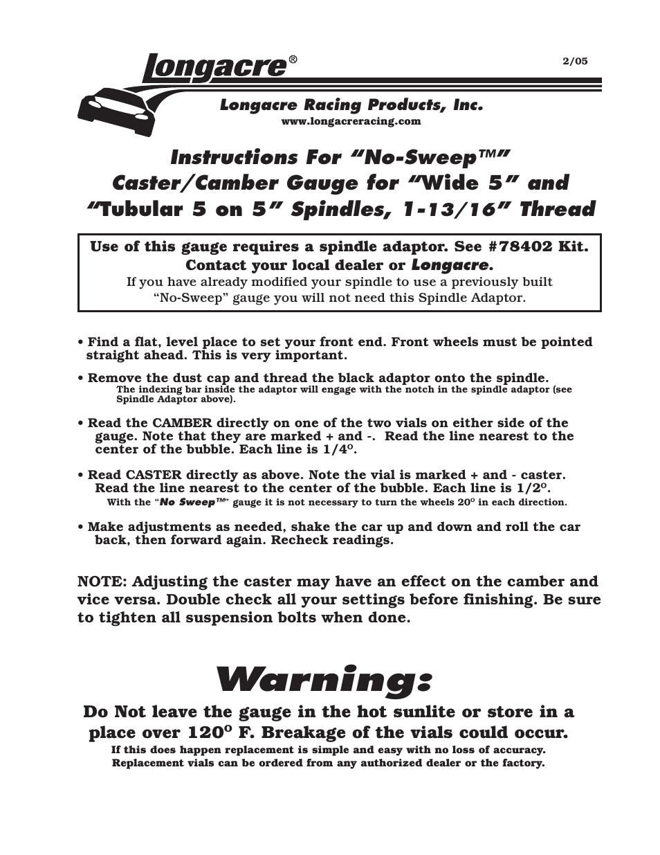 Longacre 78280 No Sweep C_C Gauge - P_N User Manual | 1 page