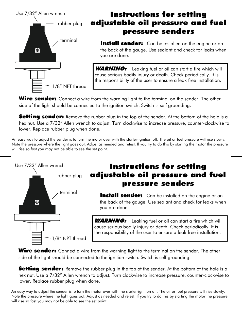 Longacre Adjustable Fuel Pressure and Oil Pressure Sender Instructions User Manual | 1 page