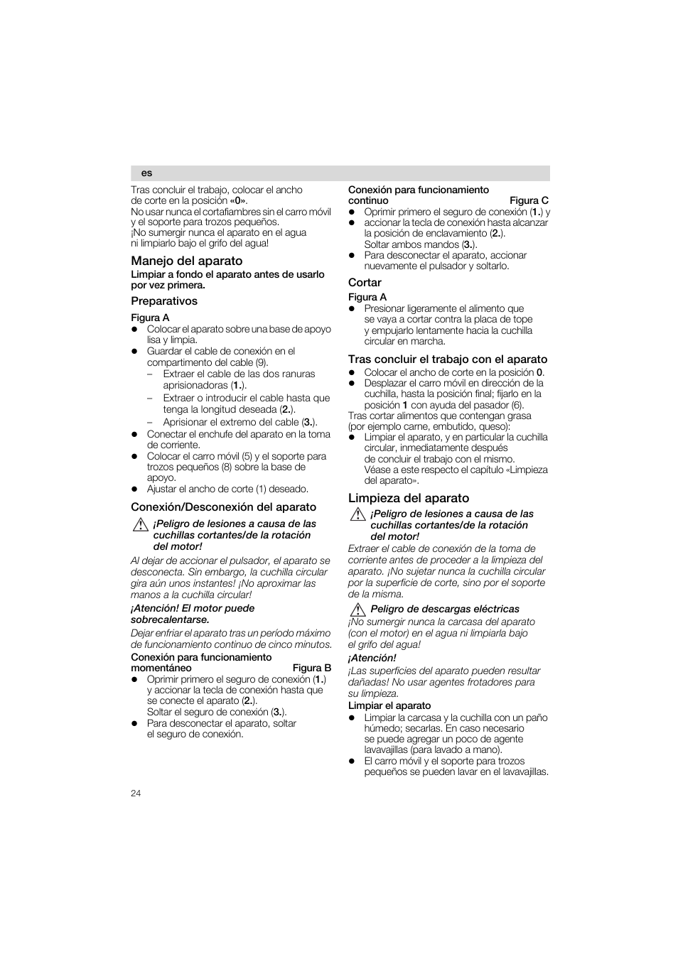 Manejo del aparato, Preparativos, Conexión/desconexión del aparato | Conexión para funcionamiento continuo figura c, Cortar, Tras concluir el trabajo con el aparato, Limpieza del aparato, Atención! el motor puede sobrecalentarse, Peligro de descargas eléctricas, Atención | Siemens MS 65532 User Manual | Page 24 / 58