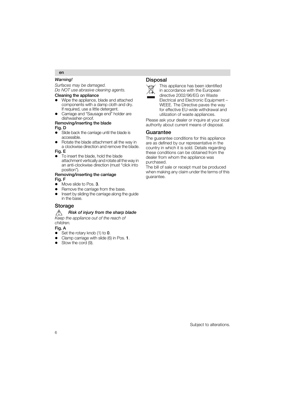 Storage, Disposal, Guarantee | Warning, Risk of injury from the sharp blade | Siemens MS 65532 User Manual | Page 6 / 58