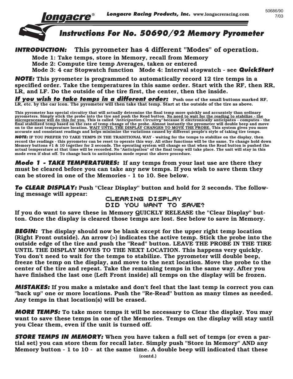 Longacre 50692 Deluxe Memory Tire Pyrometer User Manual | 4 pages
