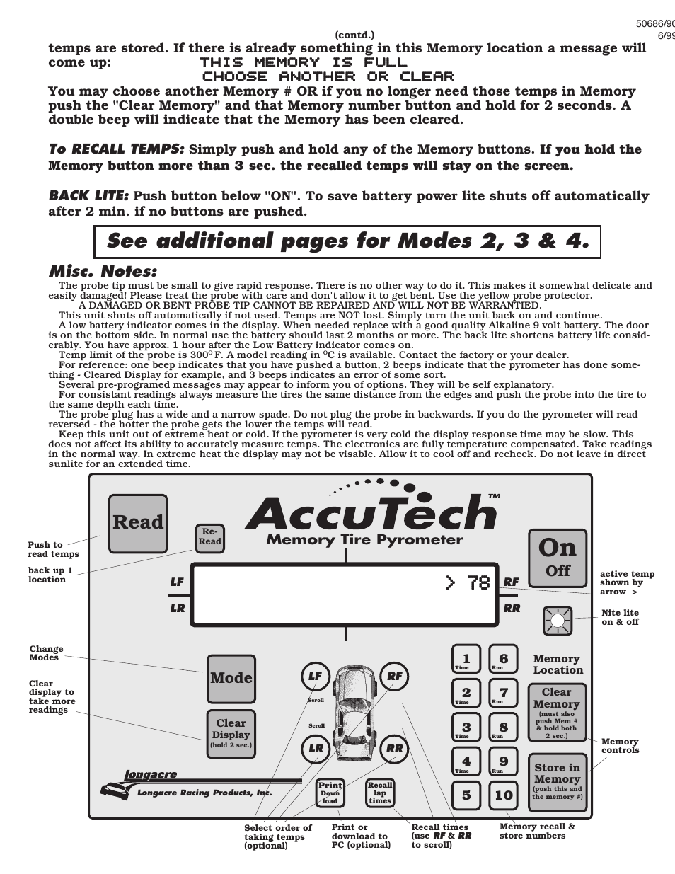 See additional pages for modes 2, 3 & 4, Read, Mode | Longacre 50692 Deluxe Memory Tire Pyrometer User Manual | Page 2 / 4