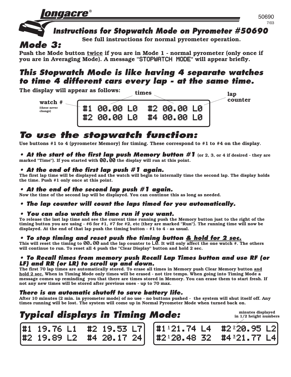 Mode 3, Typical displays in timing mode | Longacre 50692 Deluxe Memory Tire Pyrometer User Manual | Page 3 / 4
