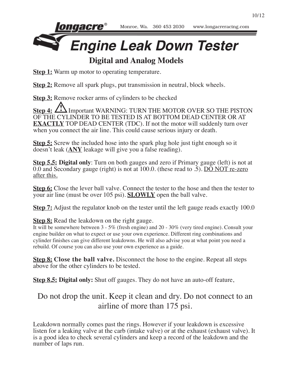 Longacre 73014 Engine Leak Down Tester User Manual | 1 page