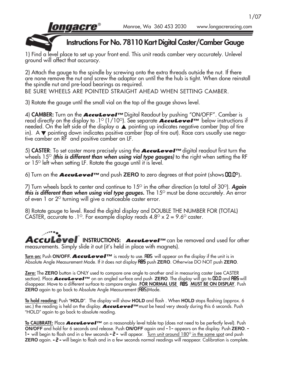 Longacre 78110 Digital Kart Camber Gauge with AccuLevel (version 2) User Manual | 1 page