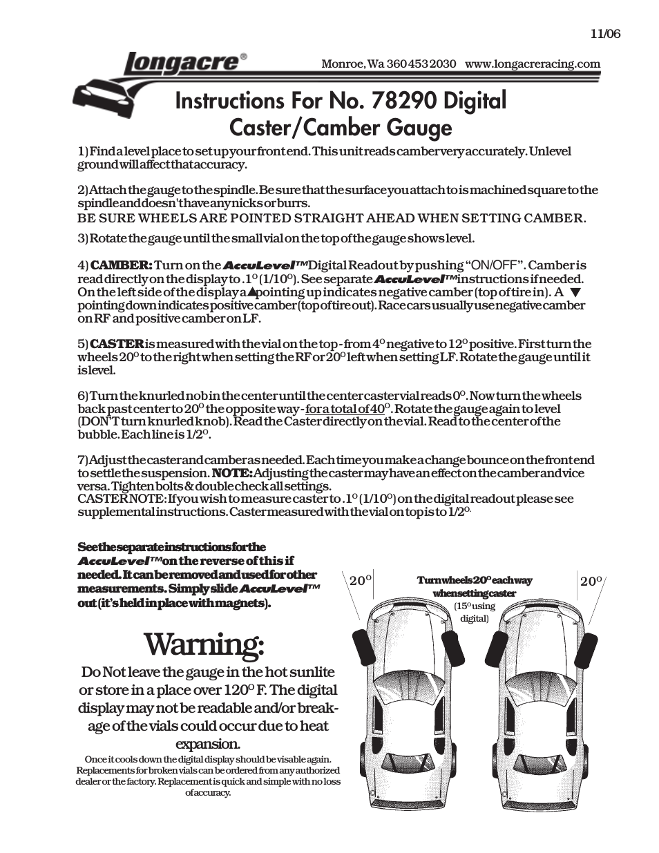 Longacre 78290 Digital Caster_Camber Gauge with AccuLevel (version 2) User Manual | 2 pages
