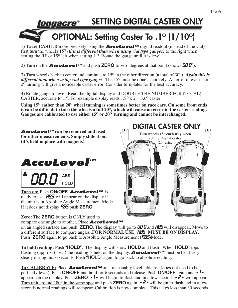 Acculevel, Optional: setting caster to .1, Setting digital caster only | Digital caster only | Longacre 78290 Digital Caster_Camber Gauge with AccuLevel (version 2) User Manual | Page 2 / 2